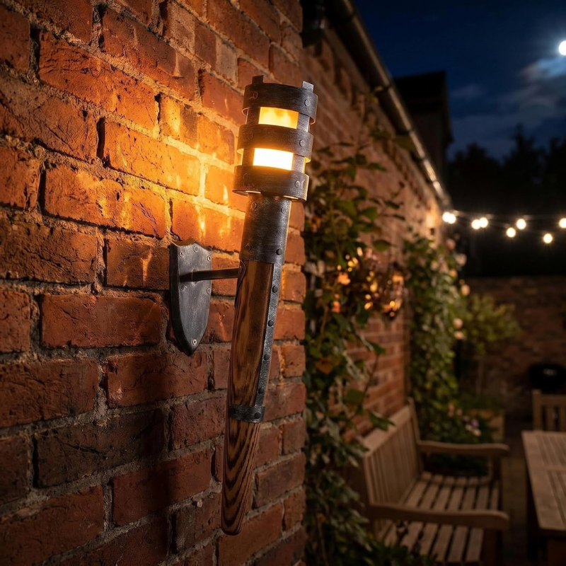 SRYBLT Hand-Forged Medieval Torch Wall Sconce with Wood Handle